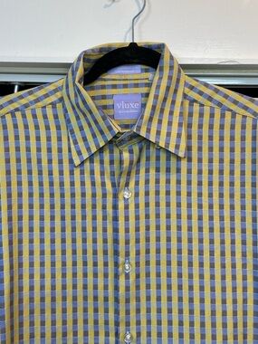 VLUXE Men's size Large 16-16.5 Blue and Yellow Checked Long Sleeve Dress Shirt
